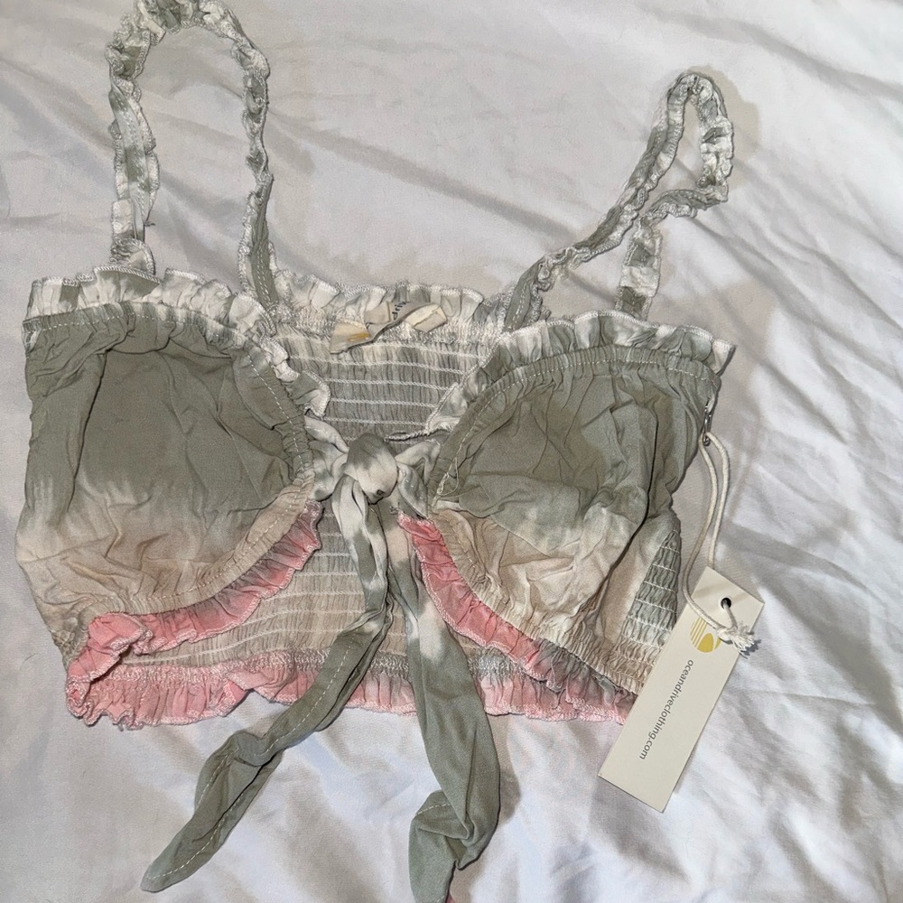 Ocean Drive Ruffle Boho Shirred Tie-front Crop Top Women's Med Tie Dye Beach - Picture 3 of 5